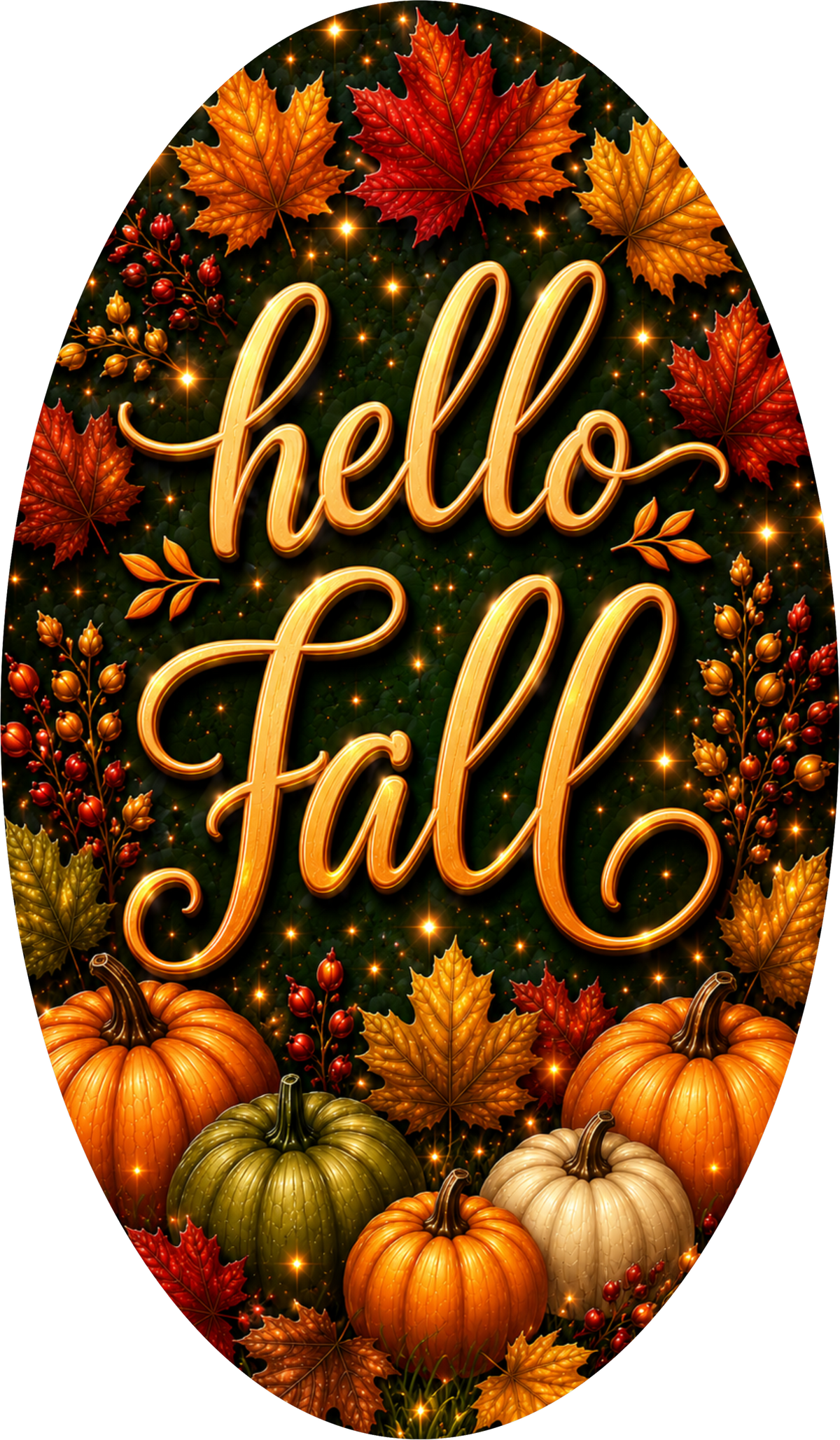 Black and Gold Hello Fall Script Oval Wreath Sign