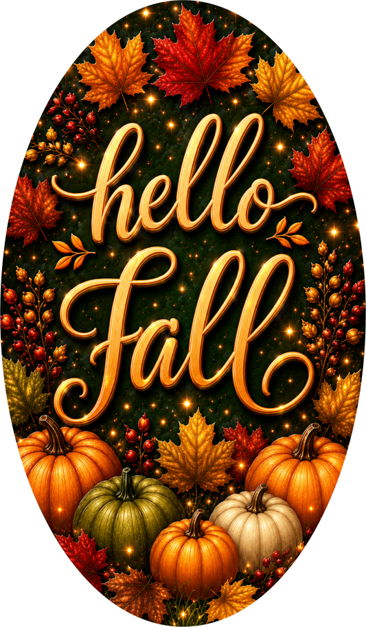 Black and Gold Hello Fall Script Oval Wreath Sign