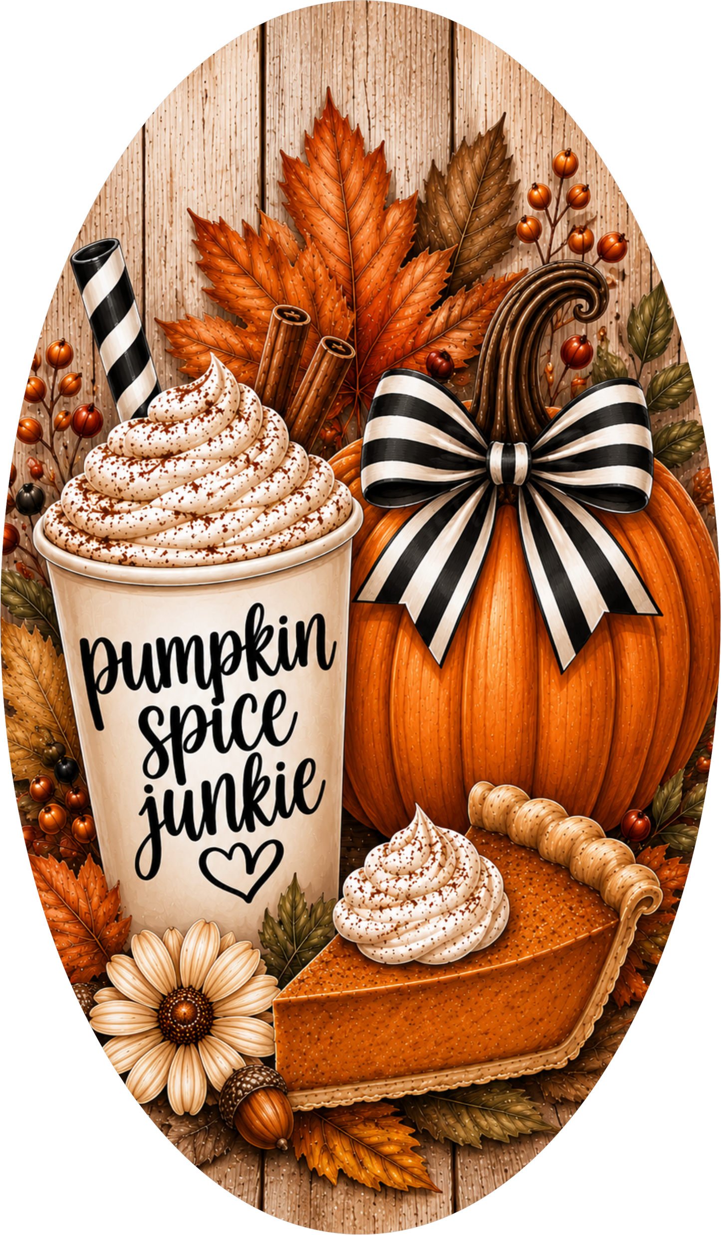 Black and White Buffalo Plaid Pumpkin Spice Junkie Coffee Oval Wreath Sign