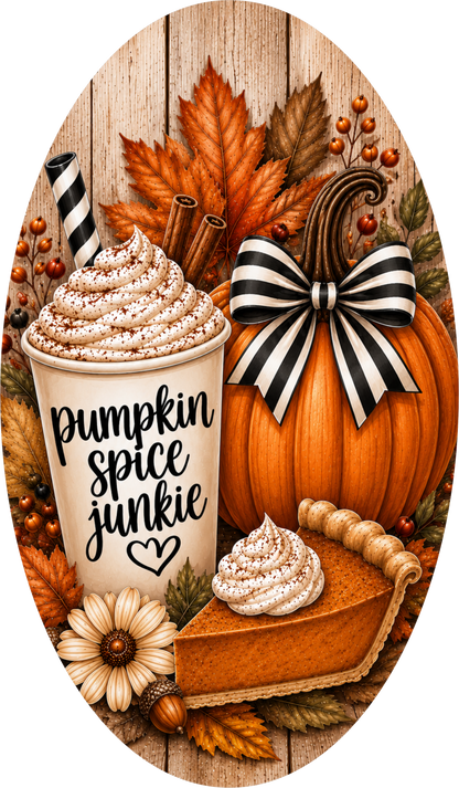 Black and White Buffalo Plaid Pumpkin Spice Junkie Coffee Oval Wreath Sign