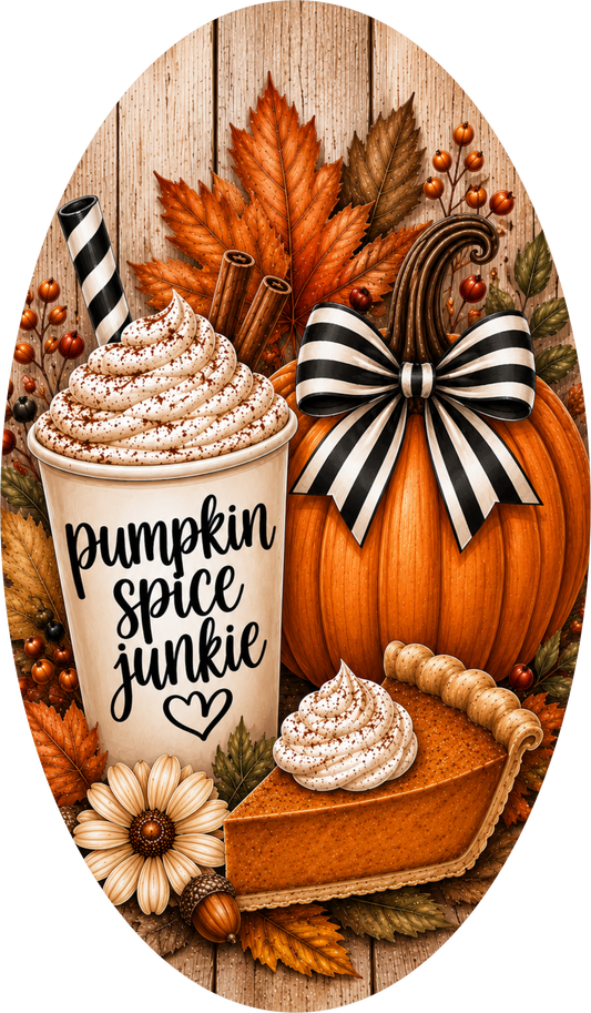 Black and White Buffalo Plaid Pumpkin Spice Junkie Coffee Oval Wreath Sign