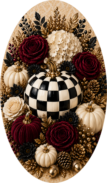 Black and White Check Pumpkin with Burgundy Roses and Pinecone Oval Wreath Sign