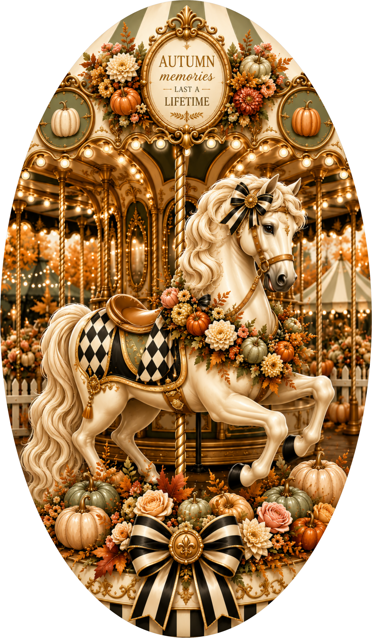 Black and White Checkered Carousel Horse Oval Wreath Sign