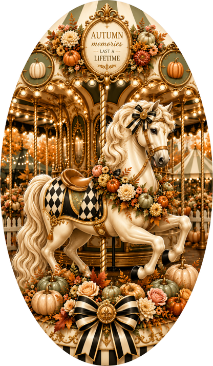 Black and White Checkered Carousel Horse Oval Wreath Sign