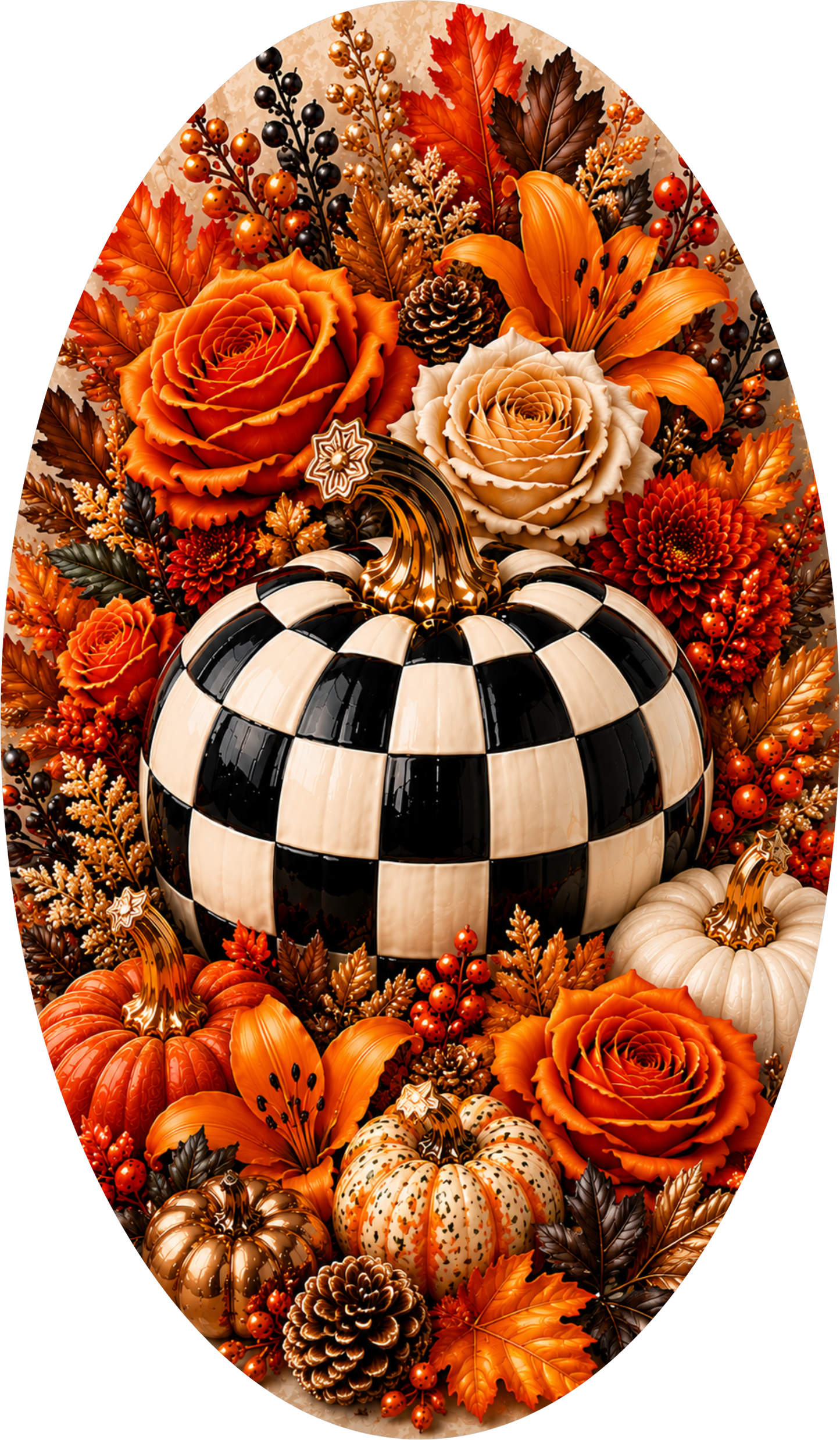 Black and White Checkered Pumpkin with Orange and Red Rose Oval Wreath Sign