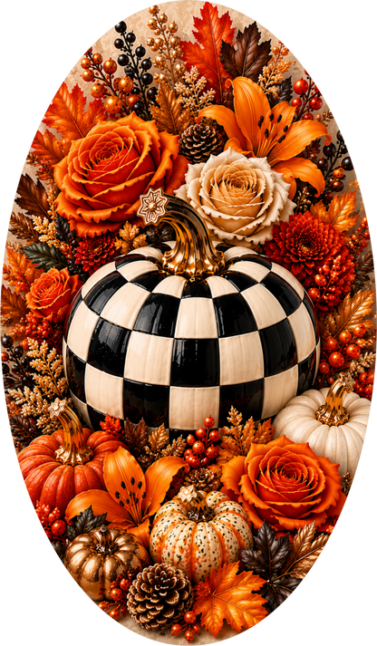 Black and White Checkered Pumpkin with Orange and Red Rose Oval Wreath Sign
