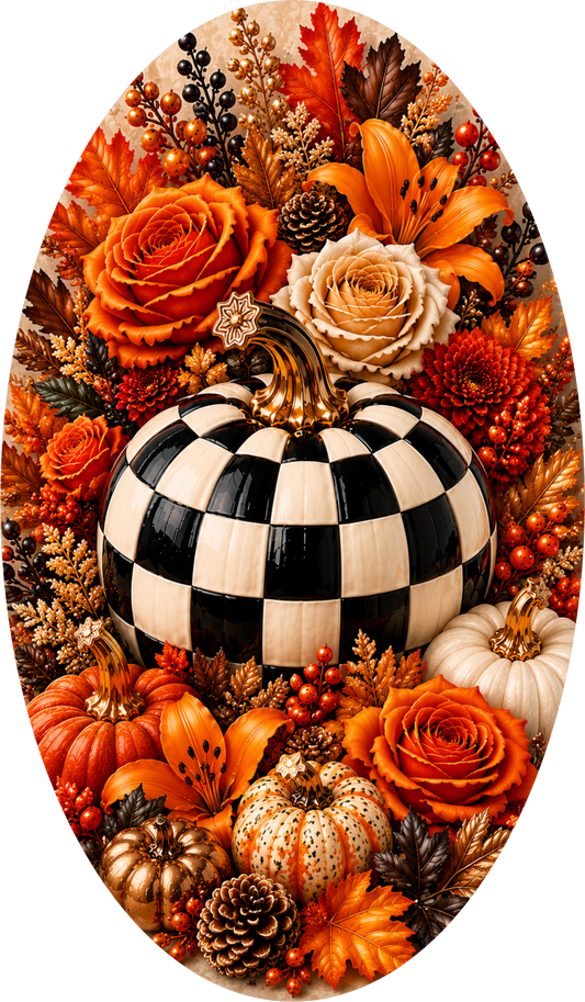Black and White Checkered Pumpkin with Orange and Red Rose Oval Wreath Sign