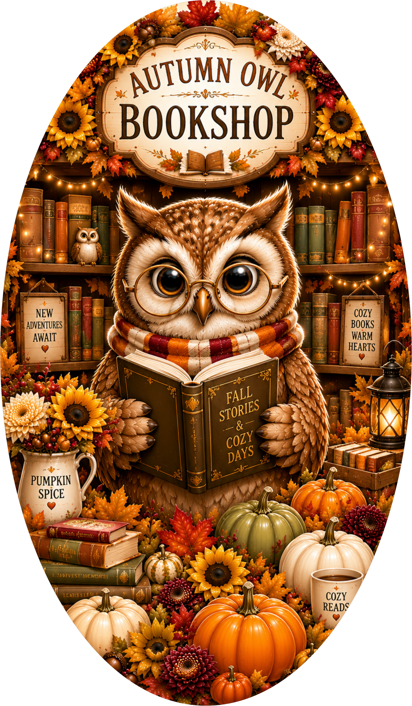 Bookshop Owl with Books Oval Wreath Sign