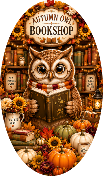 Bookshop Owl with Books Oval Wreath Sign