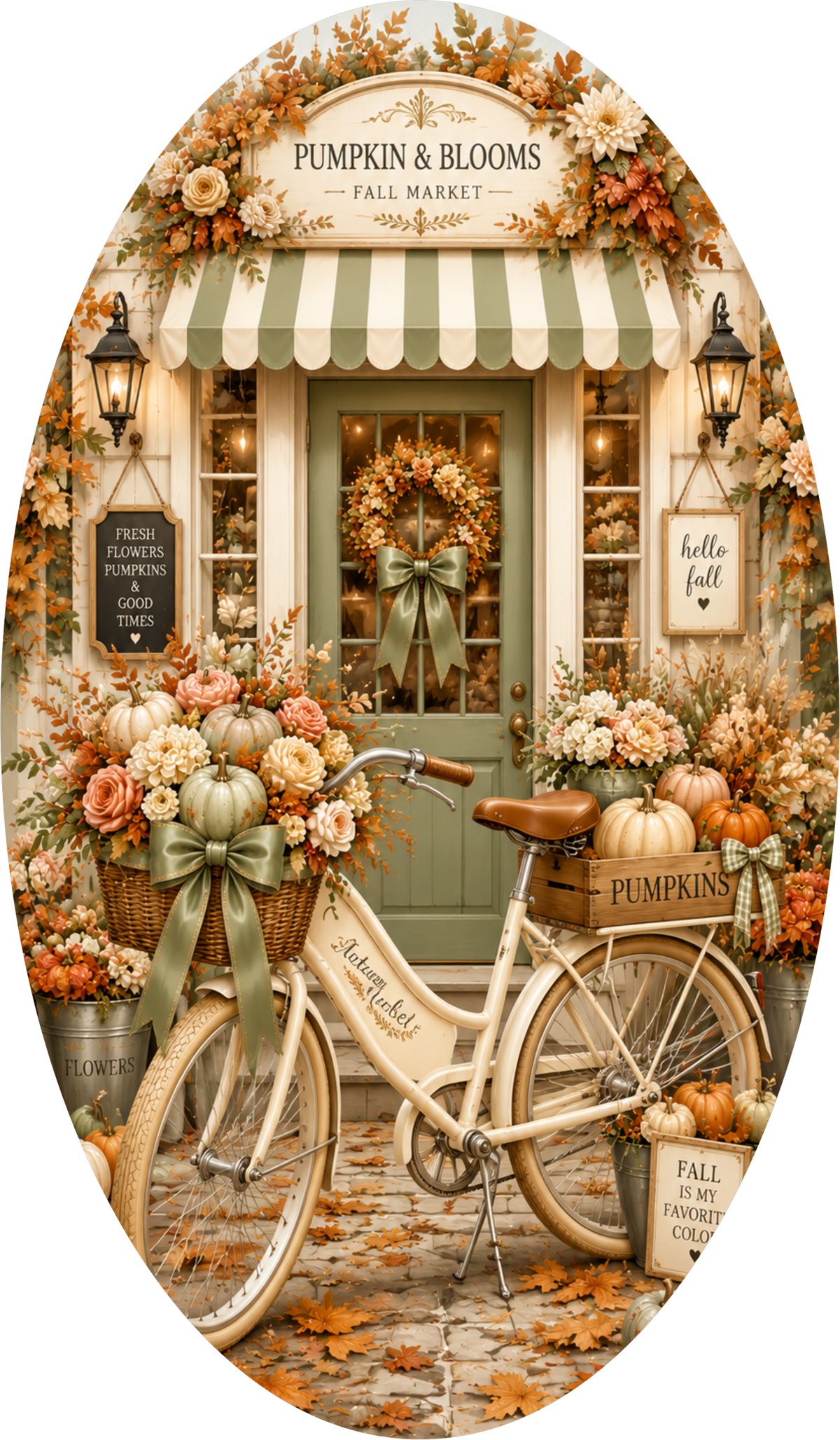 Cottage Door and Bicycle with Fall Florals Oval Wreath Sign