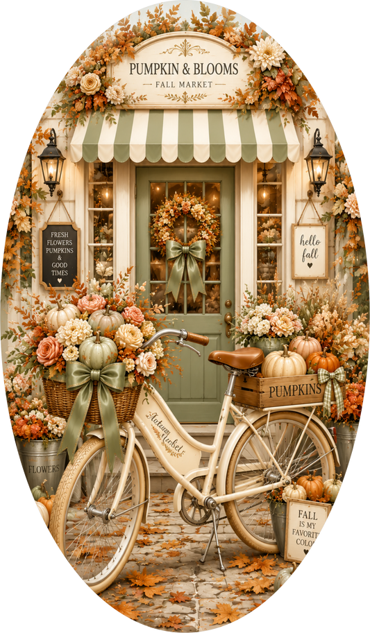 Cottage Door and Bicycle with Fall Florals Oval Wreath Sign