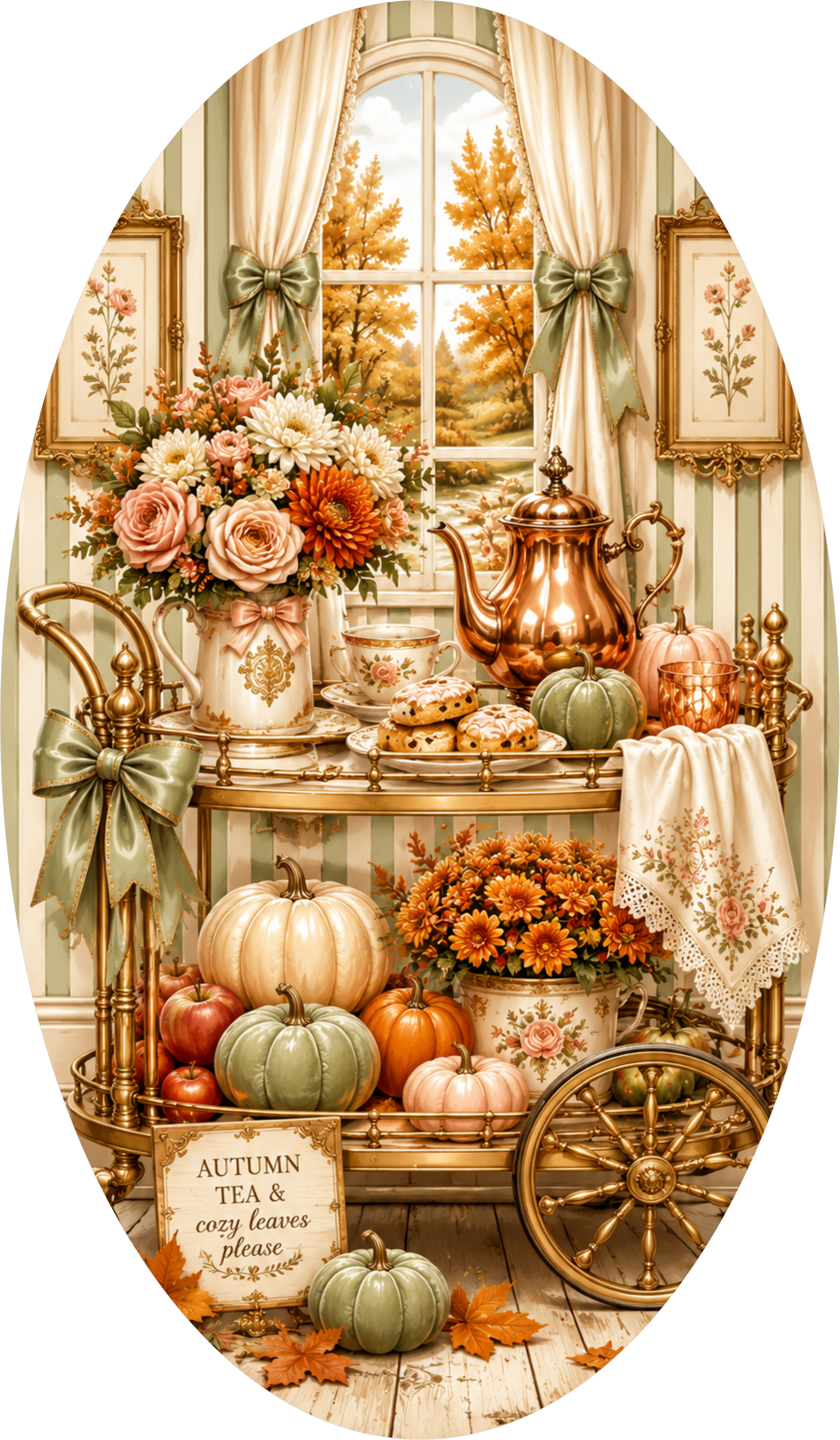 Farmhouse Tea Set with Pumpkin and Florals Oval Wreath Sign