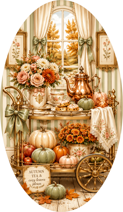Farmhouse Tea Set with Pumpkin and Florals Oval Wreath Sign