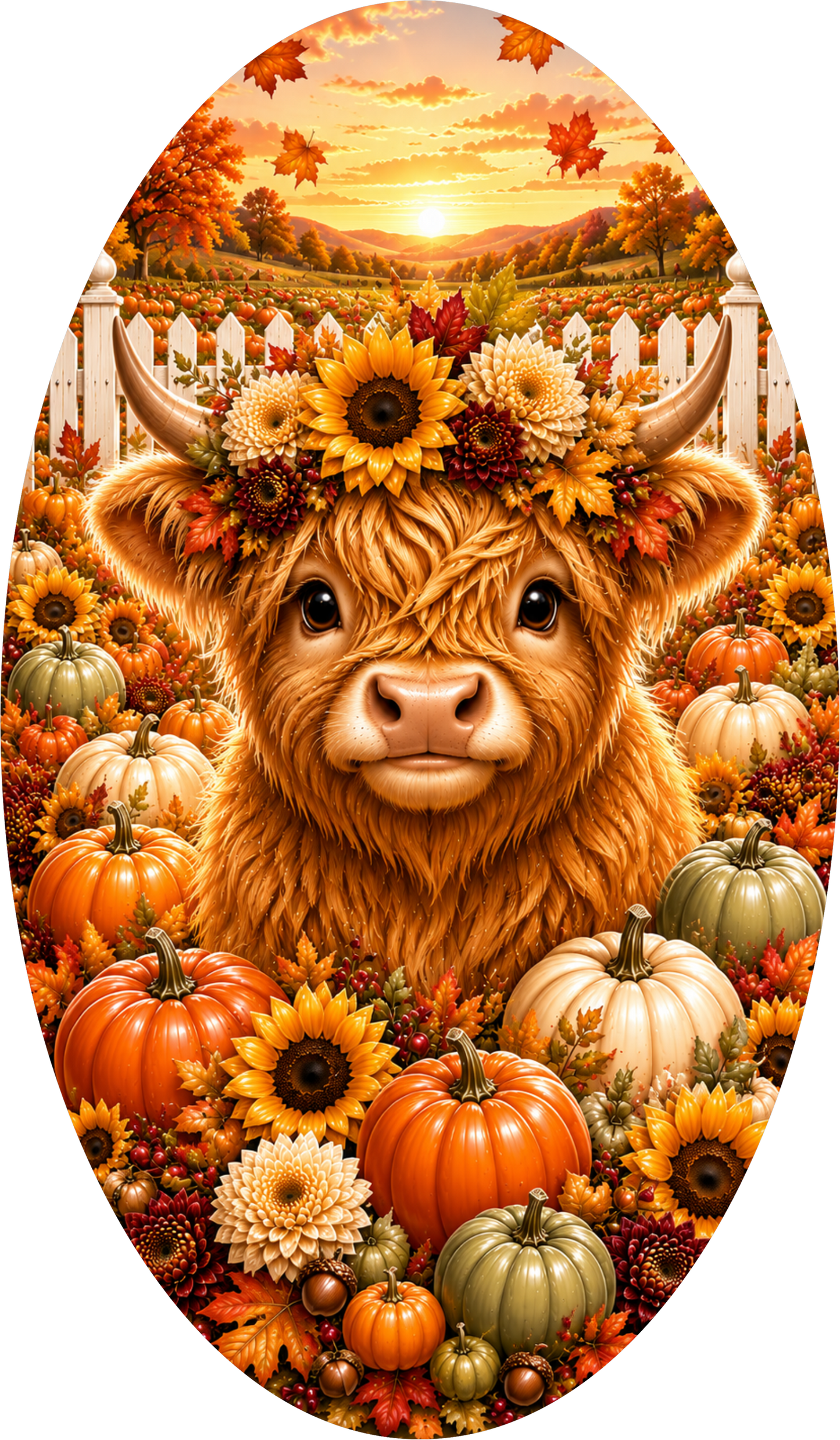 Gingham Highland Cow with Sunflower Oval Wreath Sign