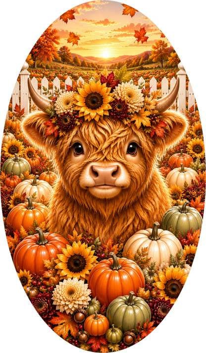 Gingham Highland Cow with Sunflower Oval Wreath Sign