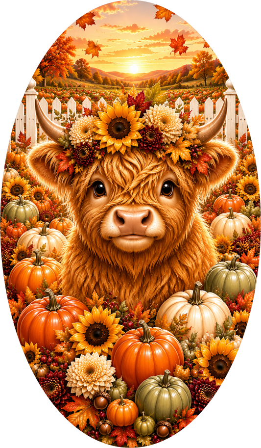 Gingham Highland Cow with Sunflower Oval Wreath Sign
