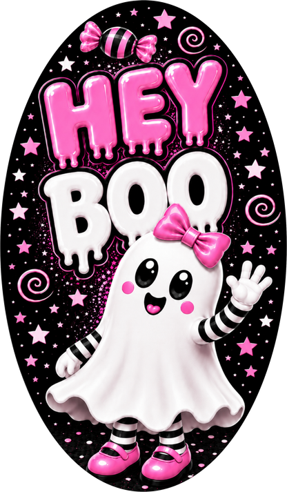 Hey Boo Pink Ghost Oval Wreath Sign