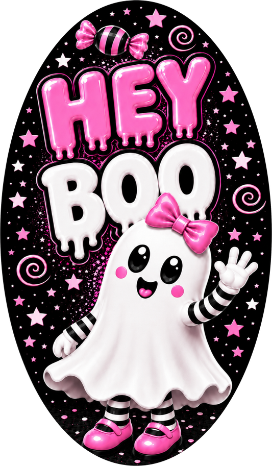 Hey Boo Pink Ghost Oval Wreath Sign