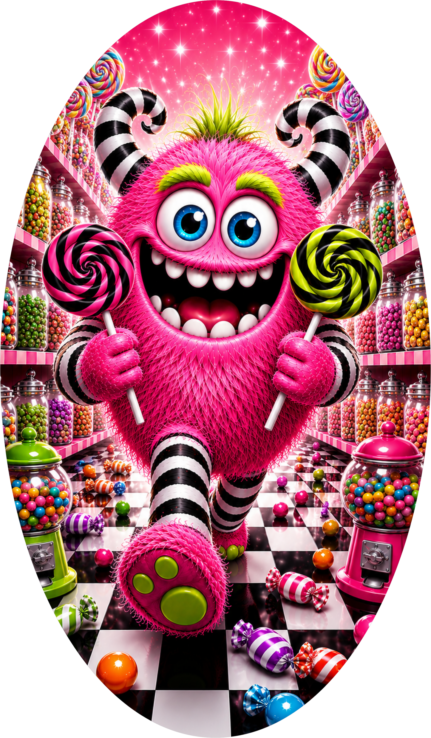 Pink Candy Monster Lollipop Candy Store Gumball Checkered Floor Oval Wreath Sign