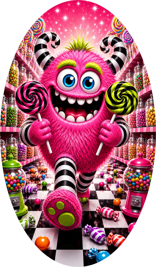 Pink Candy Monster Lollipop Candy Store Gumball Checkered Floor Oval Wreath Sign