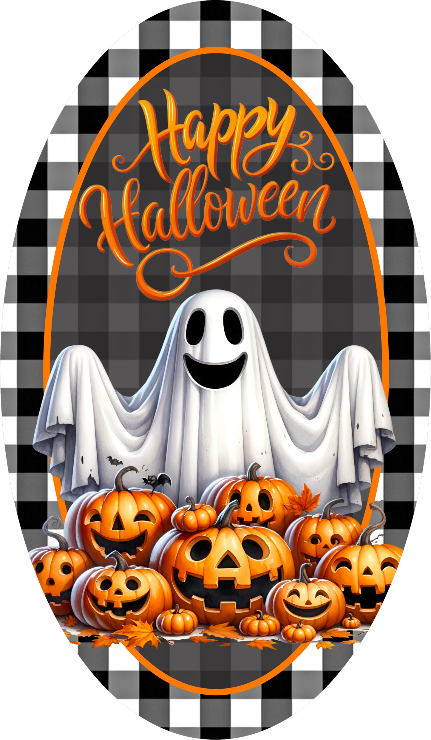 Ghost Pumpkins Black White Buffalo Plaid Orange Oval Wreath Sign