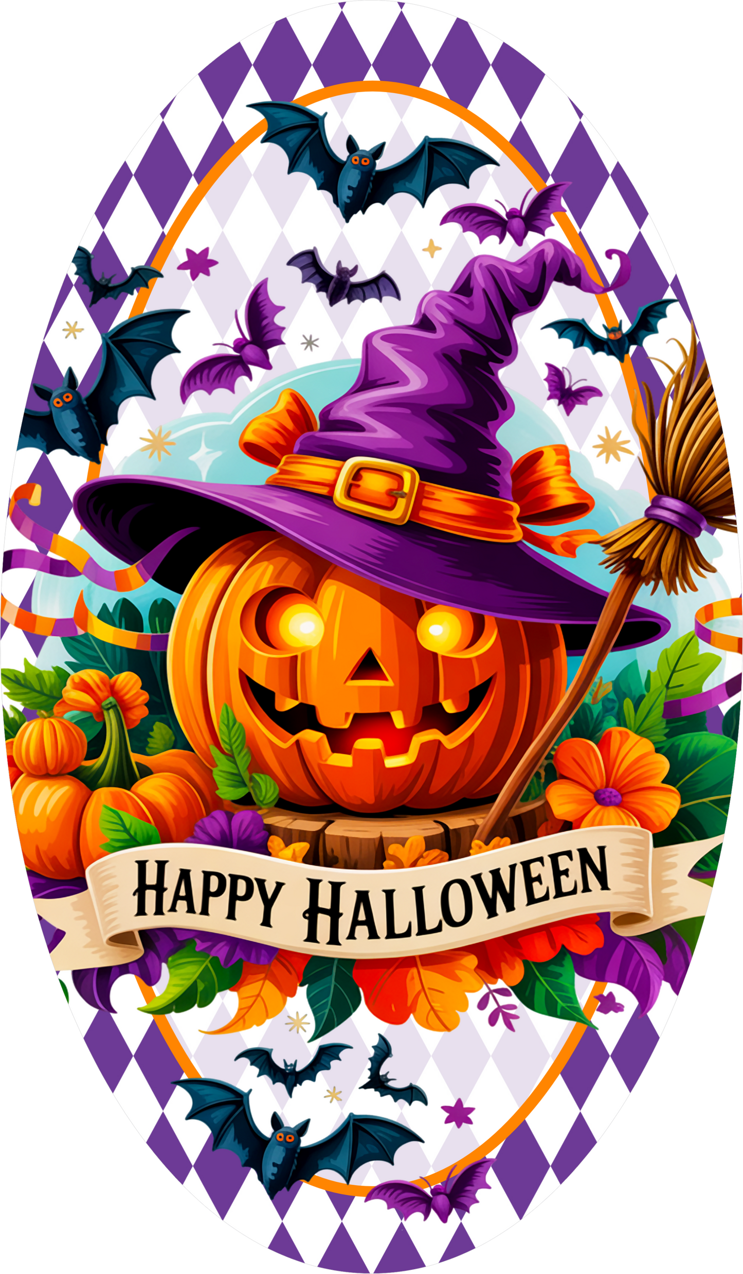 Jack O'Lantern Purple Witch Hat Broom Bats Flowers Purple Diamond Border Oval Wreath Sign