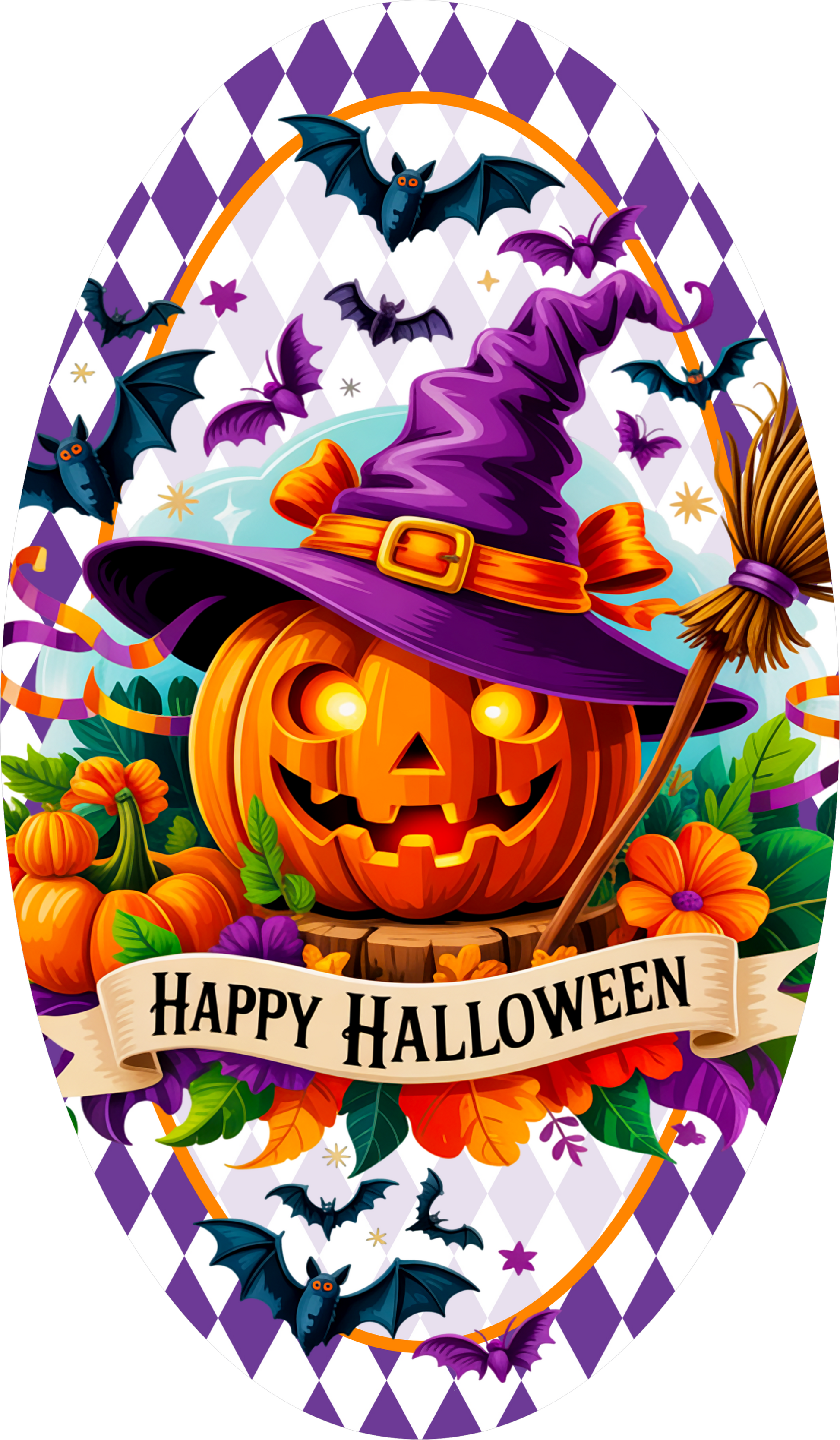 Jack O'Lantern Purple Witch Hat Broom Bats Flowers Purple Diamond Border Oval Wreath Sign