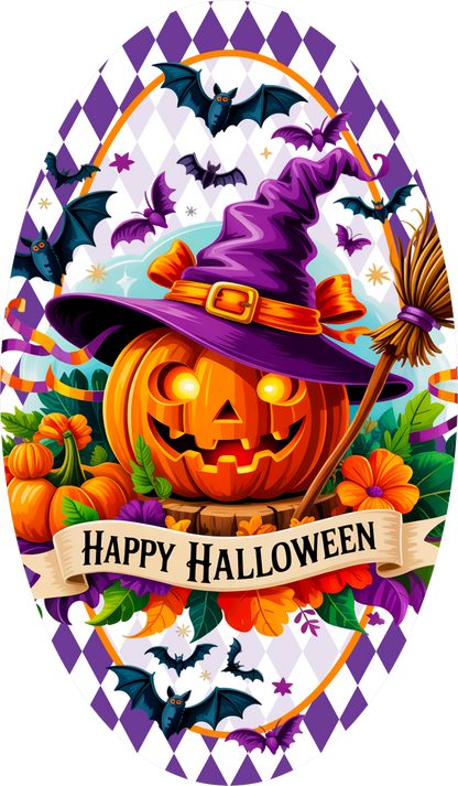 Jack O'Lantern Purple Witch Hat Broom Bats Flowers Purple Diamond Border Oval Wreath Sign