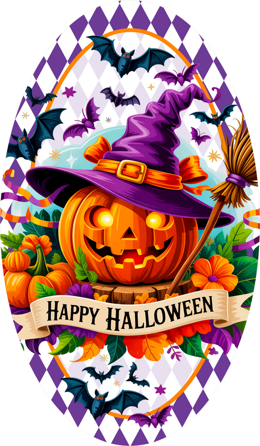 Jack O'Lantern Purple Witch Hat Broom Bats Flowers Purple Diamond Border Oval Wreath Sign