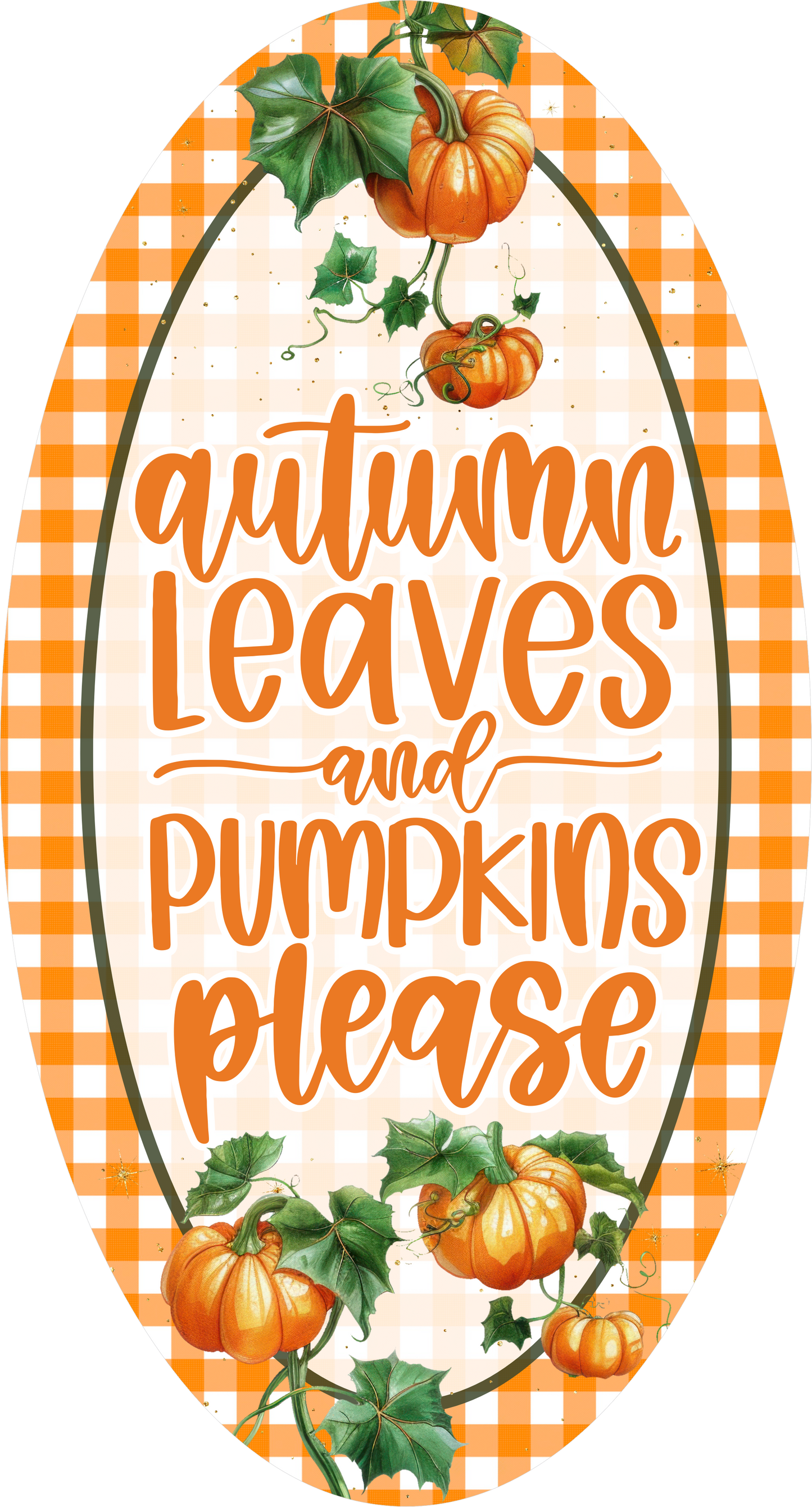 Orange Buffalo Plaid with Autumn Leaves and Pumpkins Oval Wreath Sign