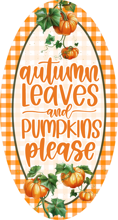 Orange Buffalo Plaid with Autumn Leaves and Pumpkins Oval Wreath Sign