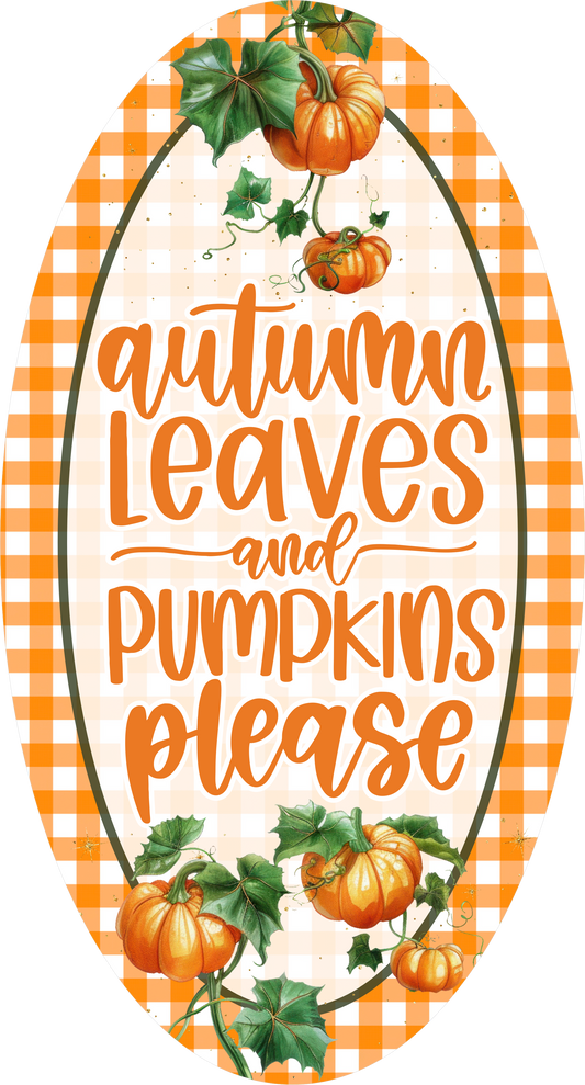 Orange Buffalo Plaid with Autumn Leaves and Pumpkins Oval Wreath Sign