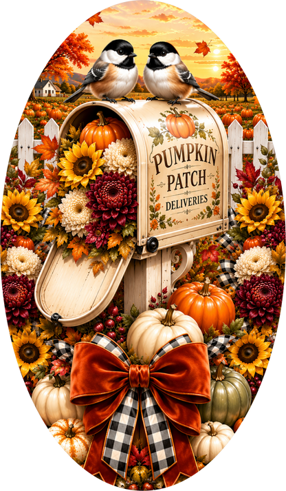 Pumpkin Patch Deliveries Chickadee with Mailbox Oval Wreath Sign