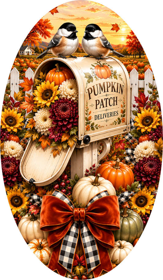 Pumpkin Patch Deliveries Chickadee with Mailbox Oval Wreath Sign