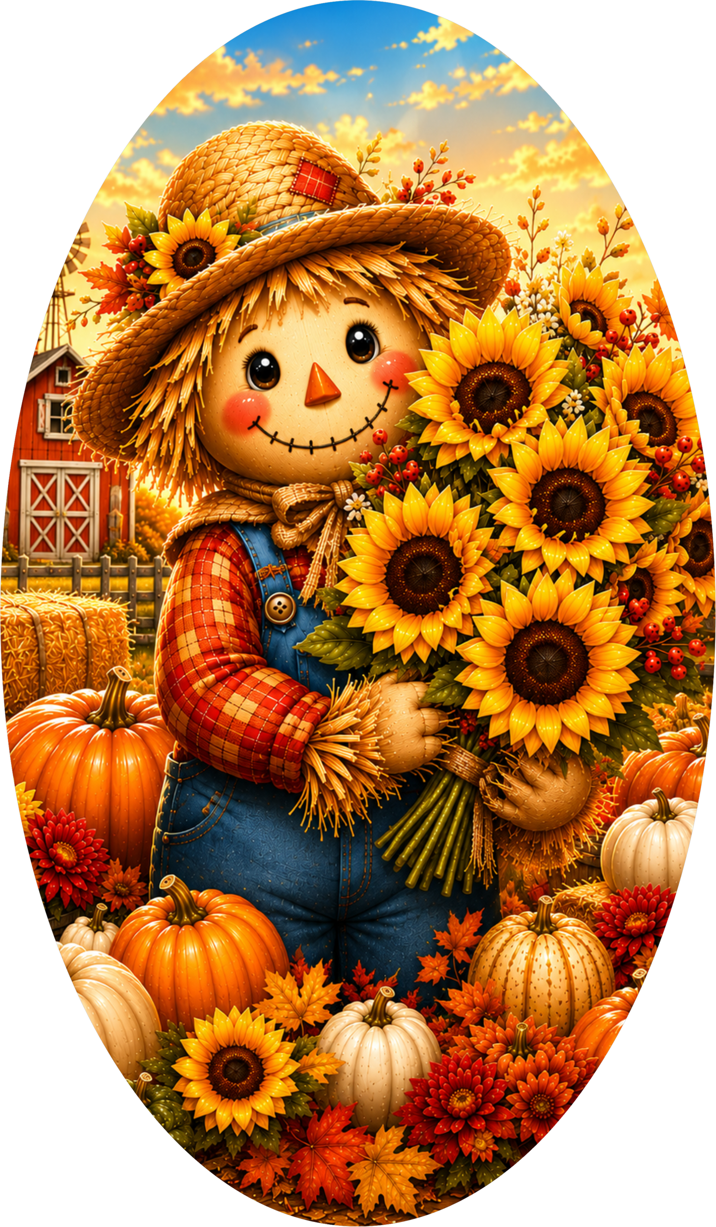 Scarecrow and Sunflower with Farm Barn Oval Wreath Sign