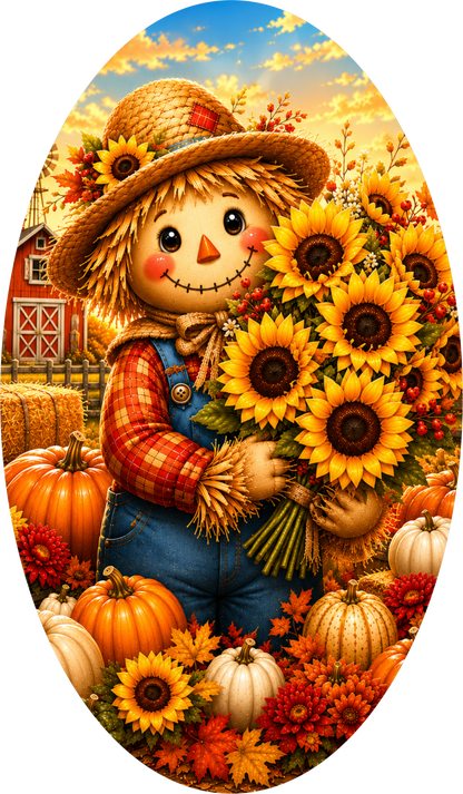Scarecrow and Sunflower with Farm Barn Oval Wreath Sign