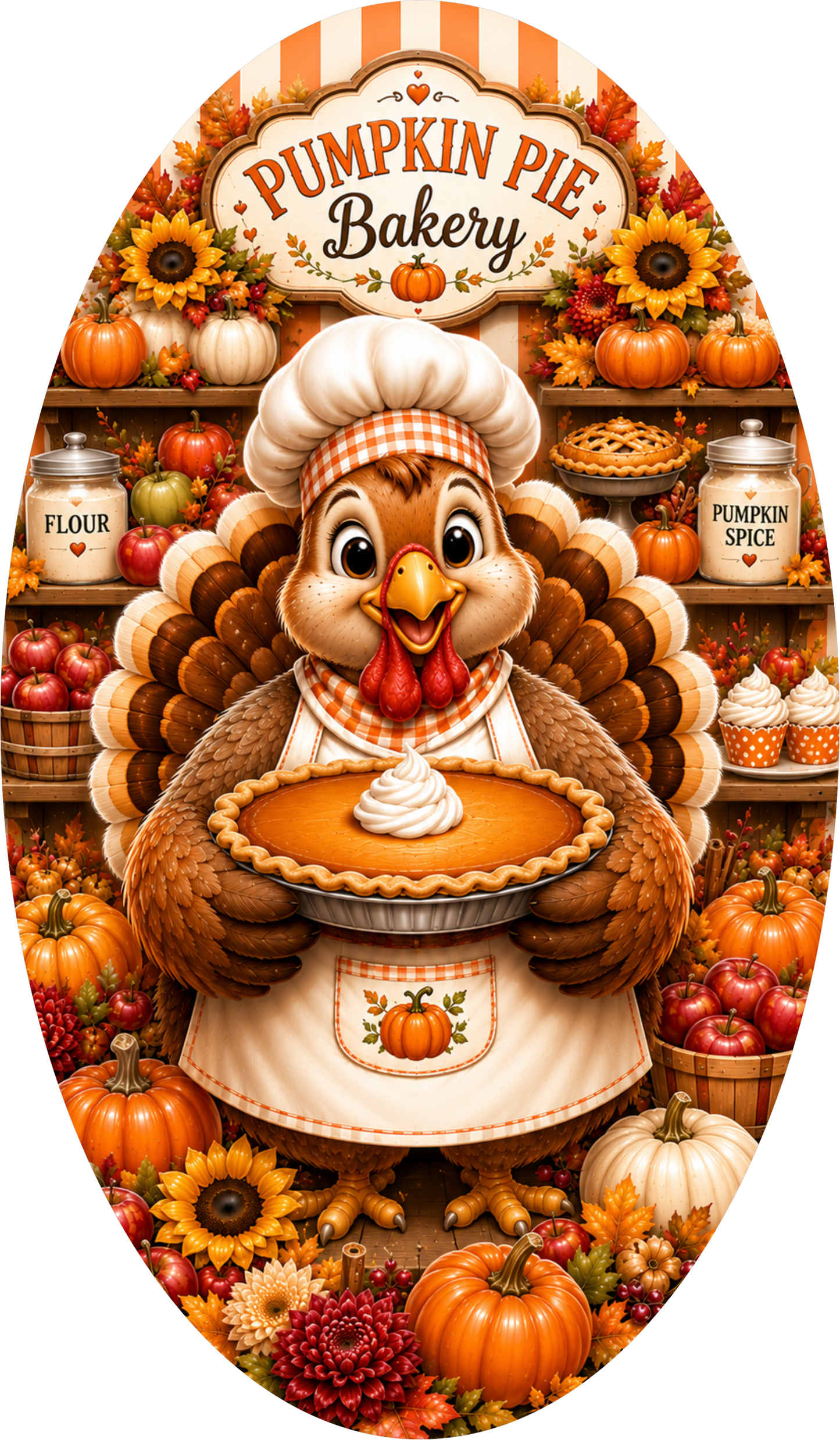Turkey and Pilgrim with Pie Kitchen Thanksgiving Oval Wreath Sign