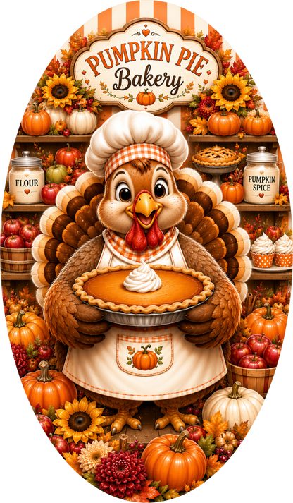 Turkey and Pilgrim with Pie Kitchen Thanksgiving Oval Wreath Sign