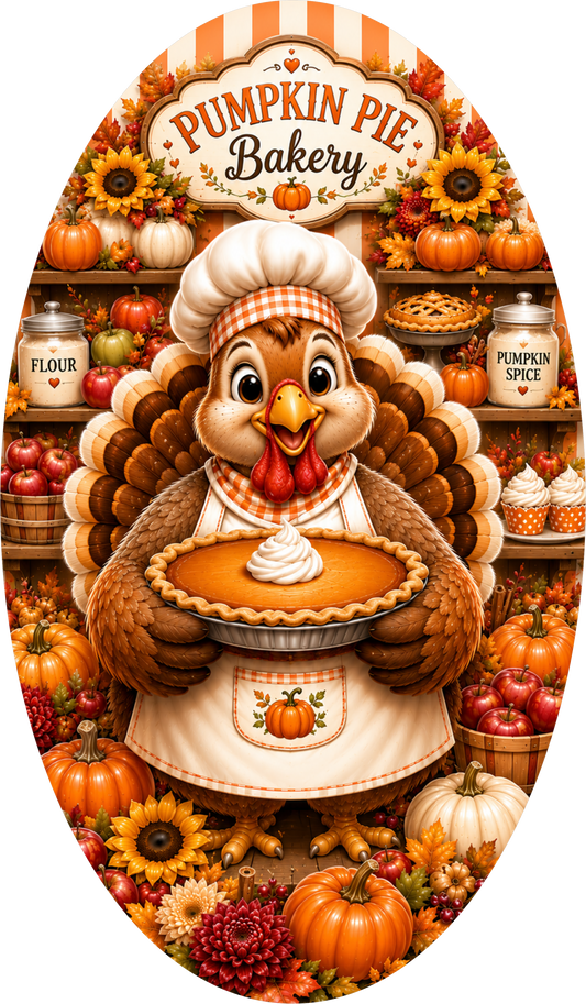 Turkey and Pilgrim with Pie Kitchen Thanksgiving Oval Wreath Sign