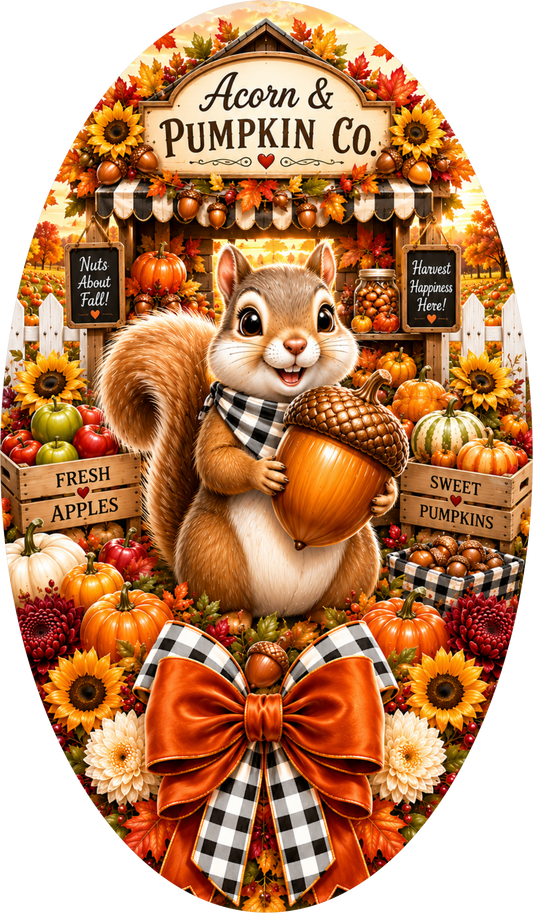 Squirrel and Pumpkin with Plaid Scarf Fall Oval Wreath Sign