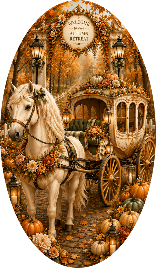 White Horse and Carriage Fall Oval Wreath Sign