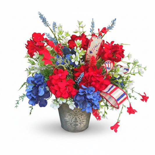 Americana Floral Hanging Metal Bucket, Red White Blue Vintage Rustic Summer Front Door Decor