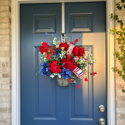 Americana Floral Hanging Metal Bucket, Red White Blue Vintage Rustic Summer Front Door Decor