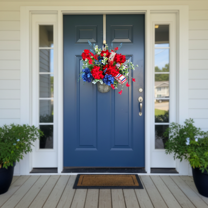 Americana Floral Hanging Metal Bucket, Red White Blue Vintage Rustic Summer Front Door Decor