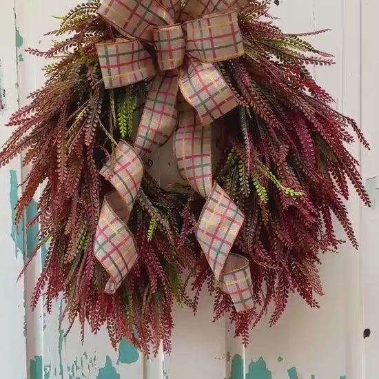 Fall Beaded Grass Fern Wreath with Plaid Bow