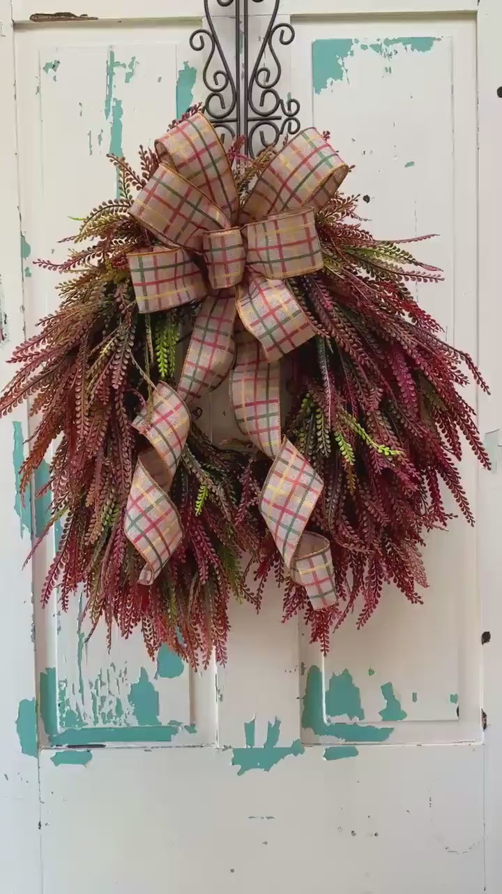 Fall Beaded Grass Fern Wreath with Plaid Bow