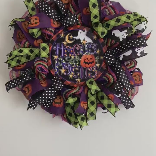 Hocus Pocus Halloween Wreath for Front Door,  Spooky Cute Ghost Door Decoration for October, Jack O Lantern Porch Decoration