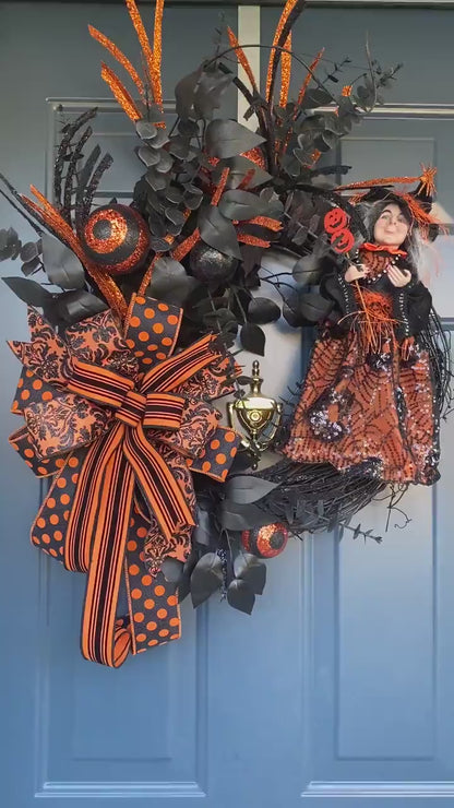 Halloween Witch Front Door Wreath , Orange and Black Outdoor Witch Wreath, Halloween Party Decorations, Spooky Season Black Wreath