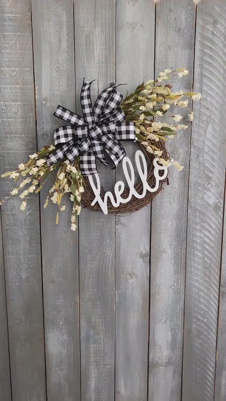 Hello Black and White Buffalo Check Grapevine Wreath