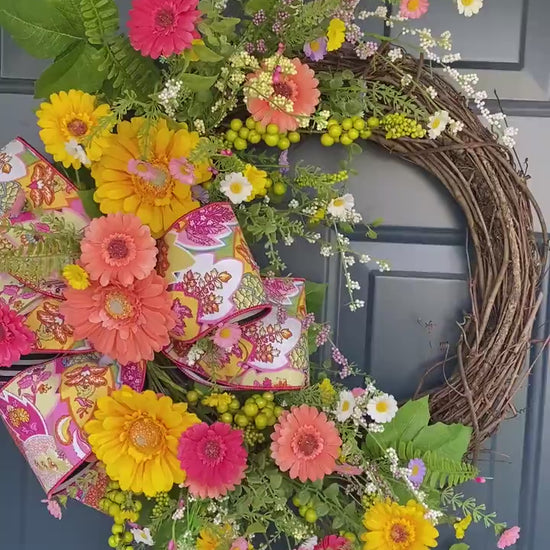 Bright Summer Wreath for Front Door, Gerbera Daisy and Wildflower Wreath, Colorful Porch Decor, Floral Grapevine Wreath for Spring Summer